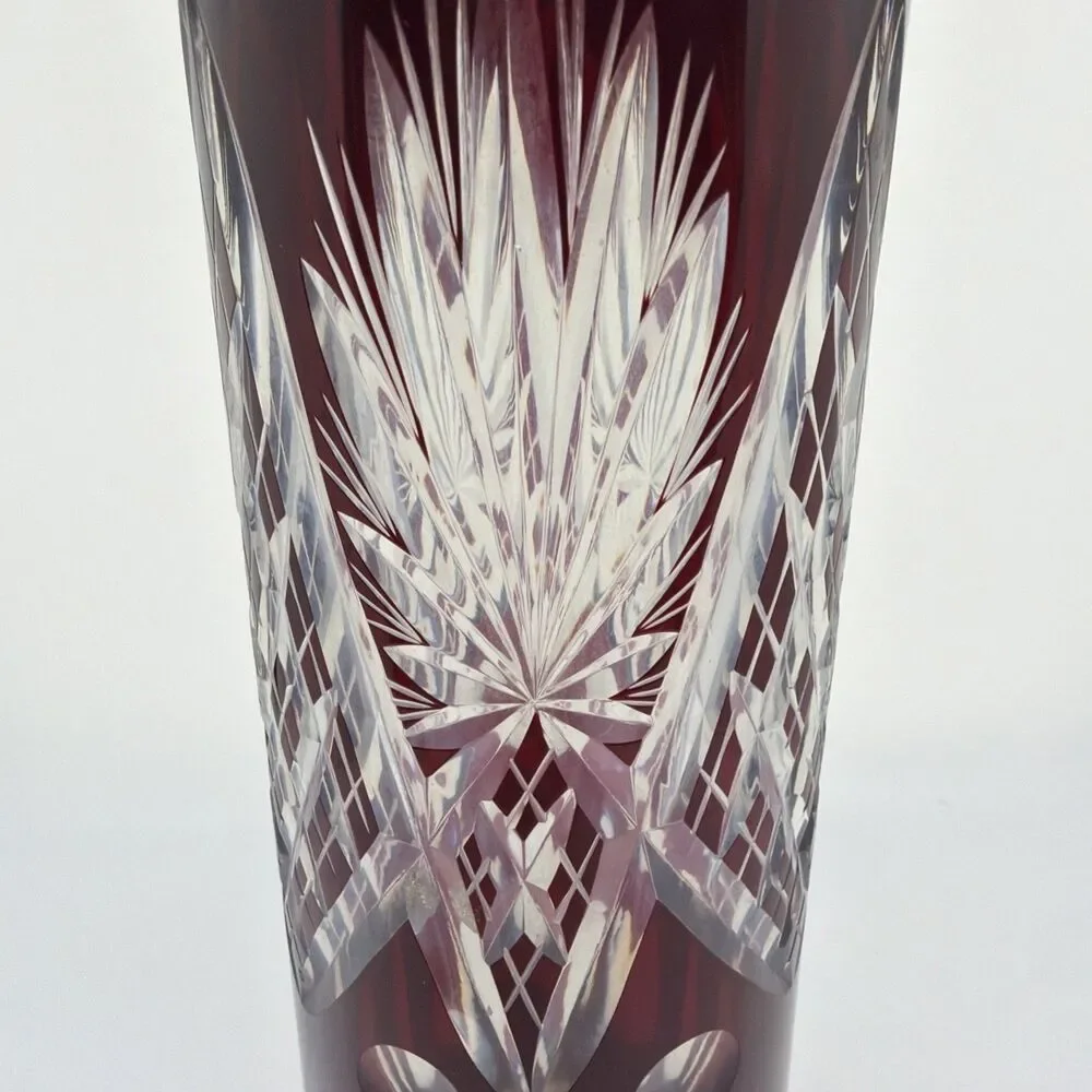 Vintage Bohemian Cut to Clear Ruby Red Cylinder Vase  12 Inches
